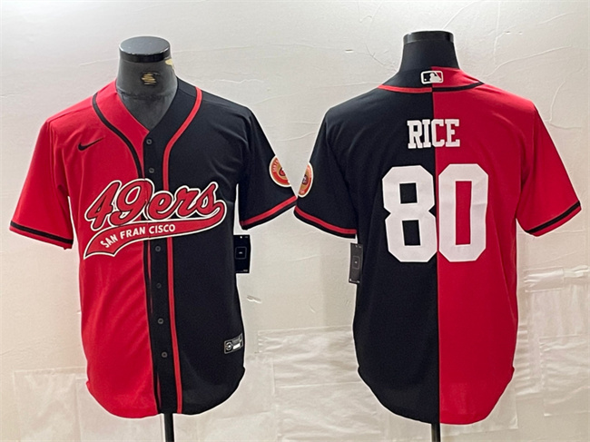 Men's San Francisco 49ers #80 Jerry Rice Red/Black Split With Patch Cool Base Stitched Baseball Jersey